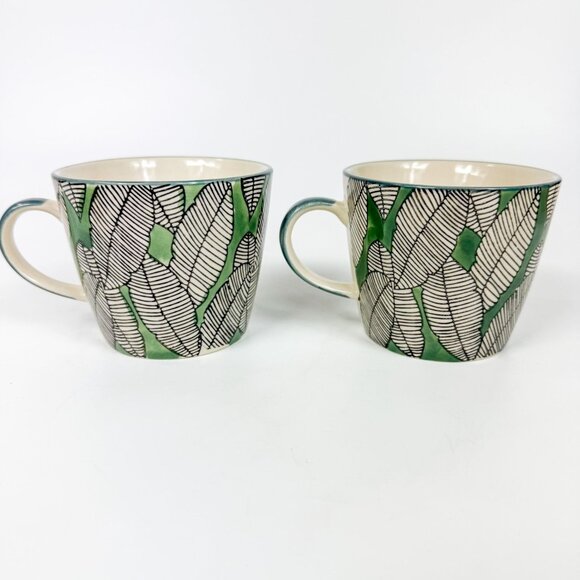Maisons du Monde France Leaves Motif Green Coffee mugs cups Cappuccino set of 2 - Picture 1 of 5